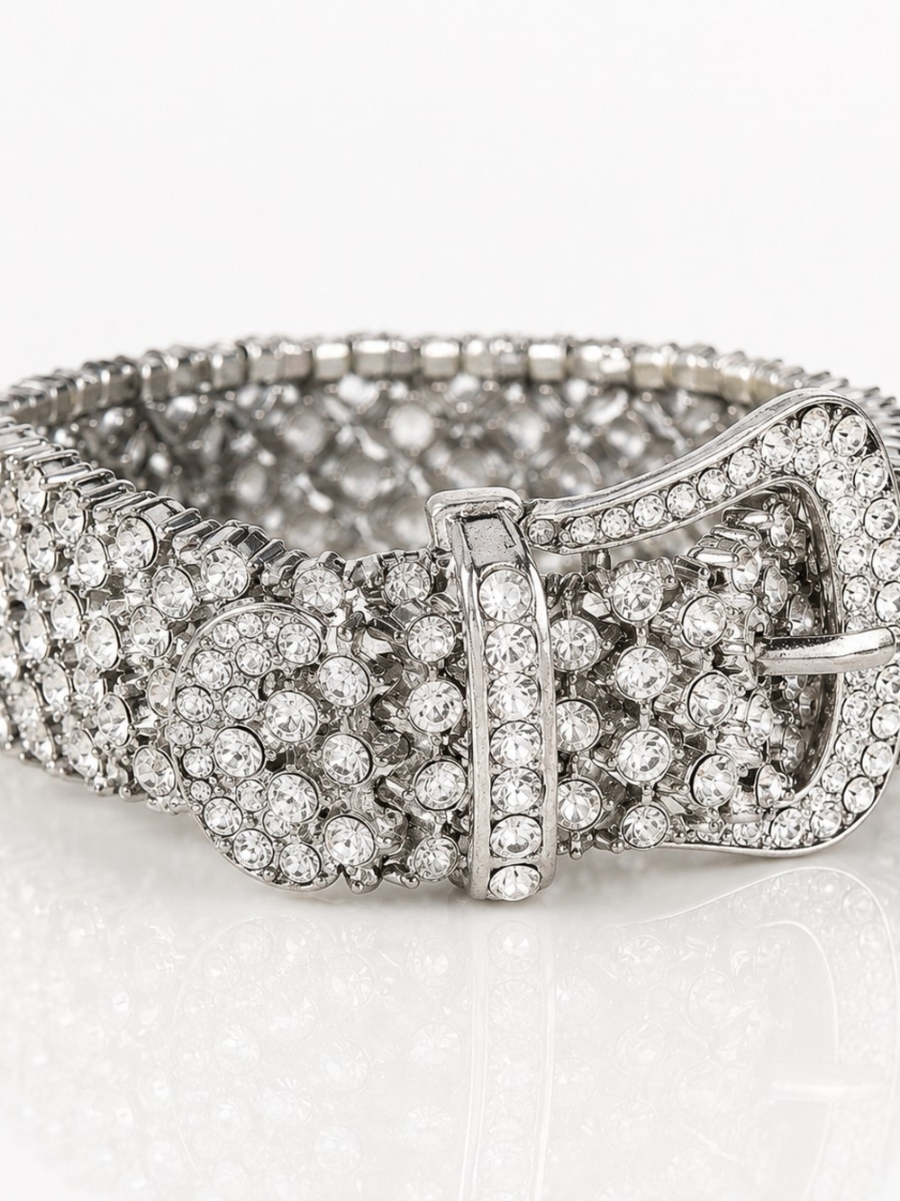 Vintage Rhinestone Buckle Bracelet Silver Tone Stretch Cuff Statement Bracelet